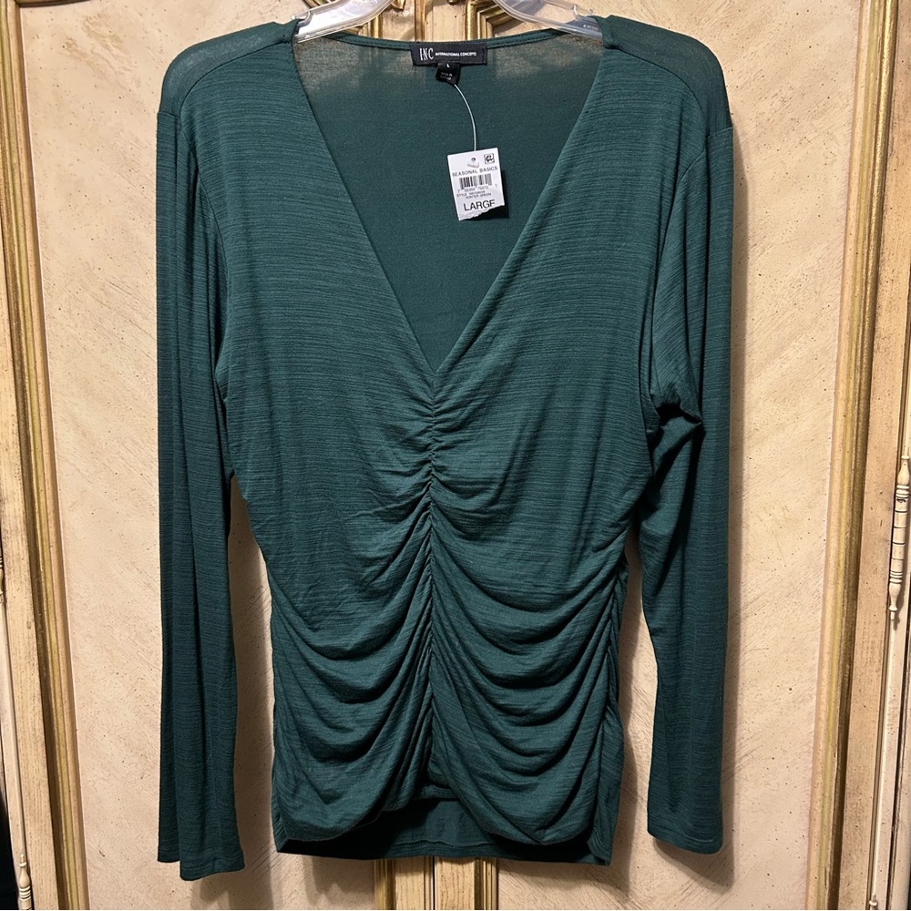 INC Hunter Green Draped Ruched V neck Shirt Top NEW NWT
